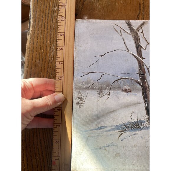 Vintage Winter Landscape Canvas Painting With Barn & Wagon Scene - Picture 7 of 8